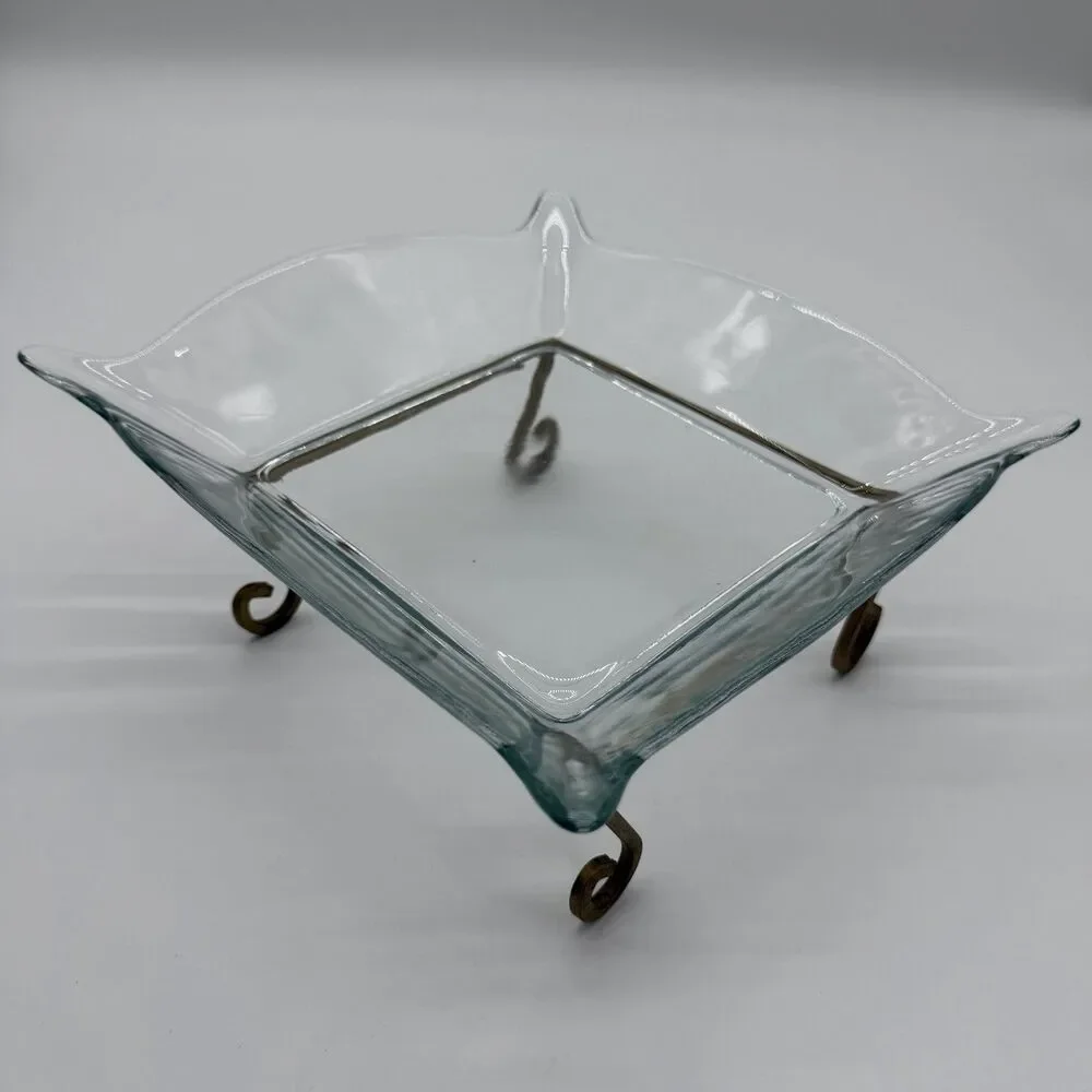Vintage Square Deep Glass Candle Holder Potpourri With Metal Base Serving Dish
